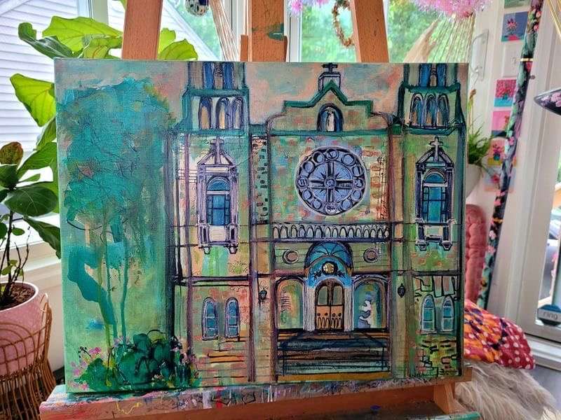 Mixed media cute church painting