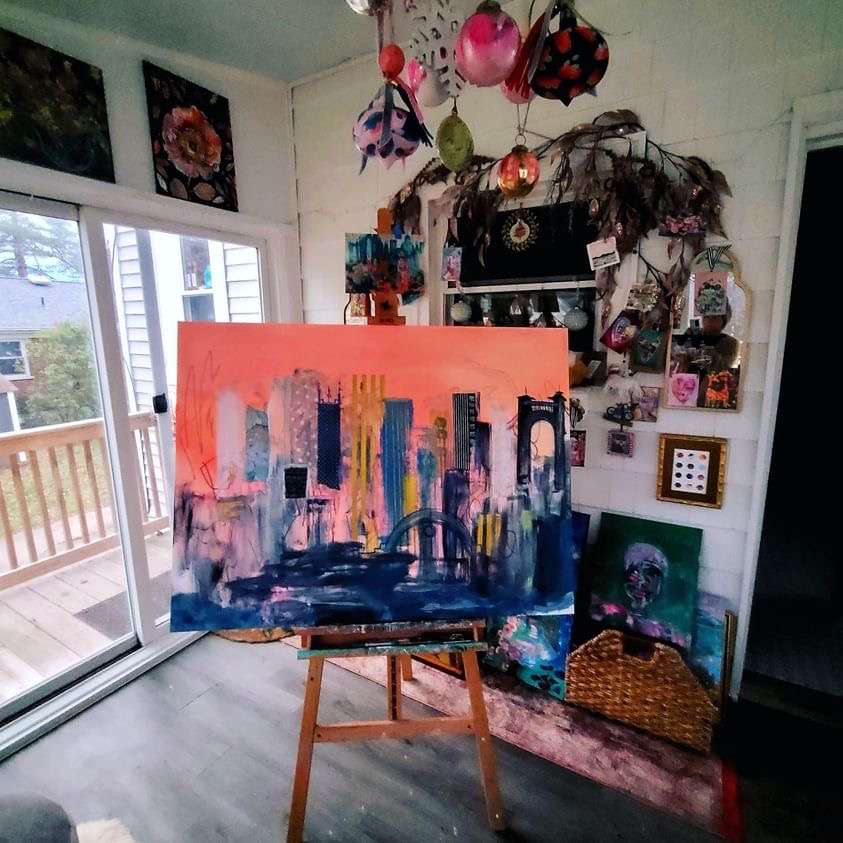 Mixed media canvas skyline painting